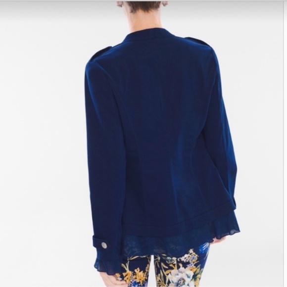 Chico's Romantic Chiffon Ruffle Hem Military Jacket Blue Stretch Sz 0 NWT - Picture 3 of 6